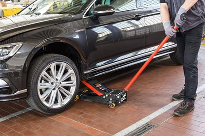 ViGOR Hydraulik Rangier-Wagenheber V6028 – Turbo-Lift, Stahlkorpus, ideal für Radwechsel & Fahrzeugreparaturen, rot-schwarz