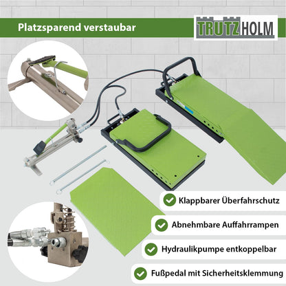 TRUTZHOLM hydraulische Auffahrrampe – höhenverstellbar, 1360 kg Tragkraft, 34 cm breite Hebeplattform, doppelte Hebebühne, schwarz/grün