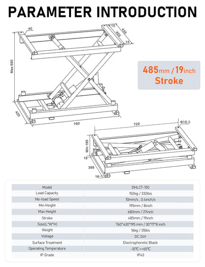 DIHOOL Scherenhubtisch Elektrisch scherenhebebühne kfz hebebühne DIY hubtisch(150kg Tragkraft,485mm Hubhöhe)