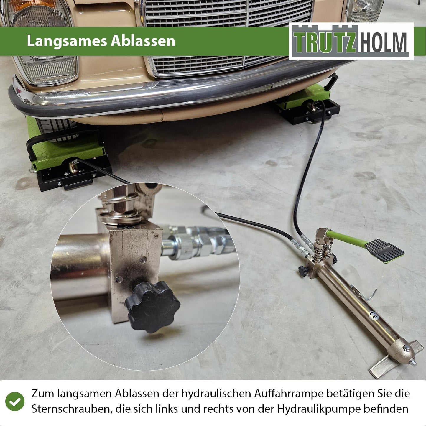 TRUTZHOLM hydraulische Auffahrrampe – höhenverstellbar, 1360 kg Tragkraft, 34 cm breite Hebeplattform, doppelte Hebebühne, schwarz/grün