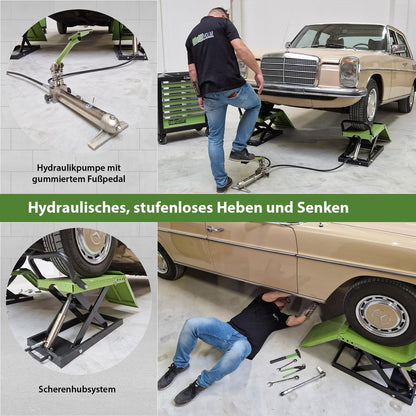 TRUTZHOLM hydraulische Auffahrrampe – höhenverstellbar, 1360 kg Tragkraft, 34 cm breite Hebeplattform, doppelte Hebebühne, schwarz/grün
